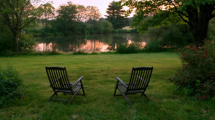 Two wooden chairs sit on a freshly mowed meadow beside a still lake, surrounded by trees.