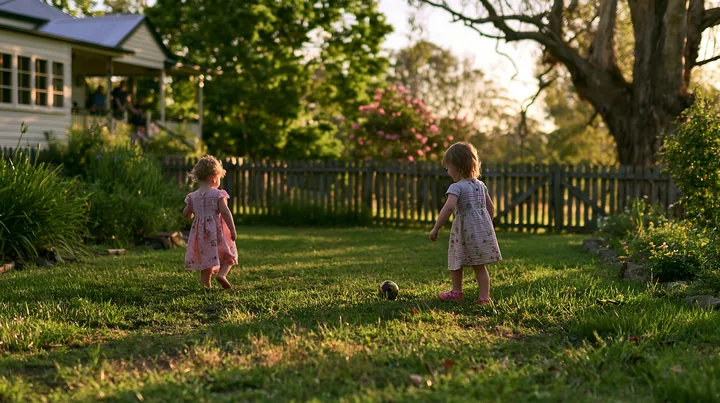 Two young children play in a green farmhouse garden as the sun sets.