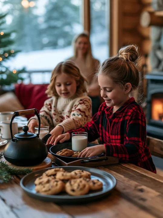 Two young sisters set out milk and cookies on a wooden table in a cabin.