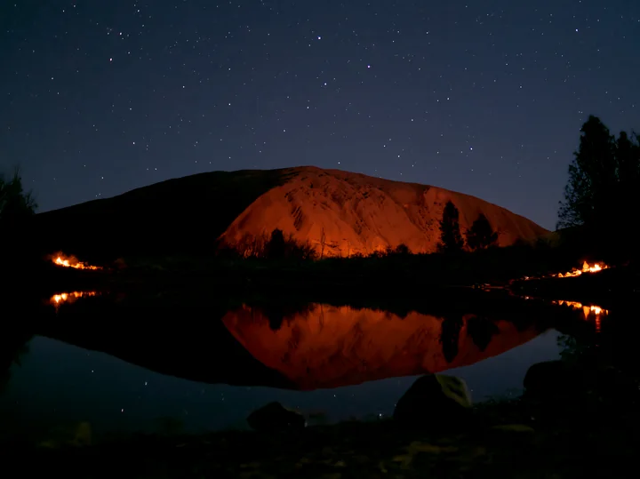 Uluru under a starry night sky showcases the large rock formation glowing under the starlight with reflections in a calm body of water nearby.
