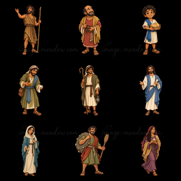 Nine cartoon characters are arranged in a grid. The characters depict figures from biblical stories, including men, women, and a child, with various accessories