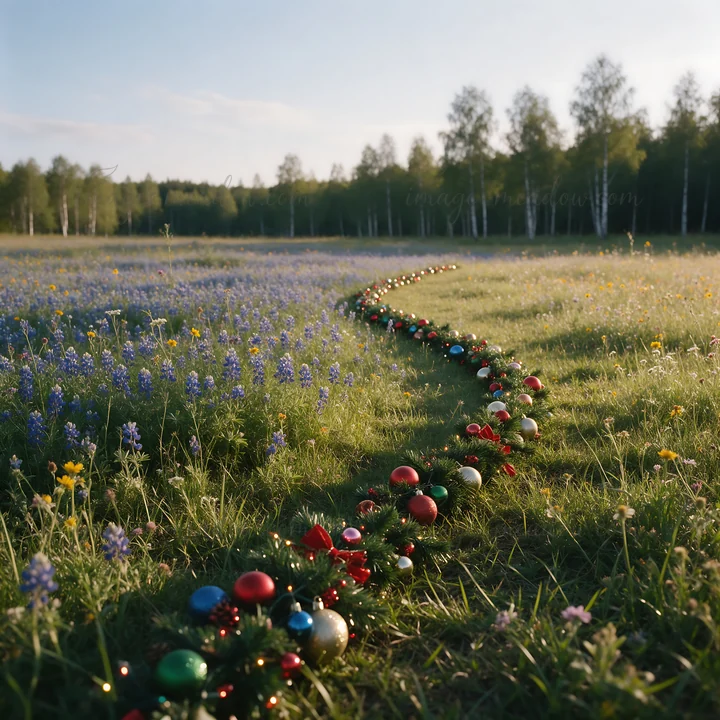 A Christmas garland with red and blue ornaments winds through green meadow grass filled with small flowers. The sunset casts a warm light over the scene, highli