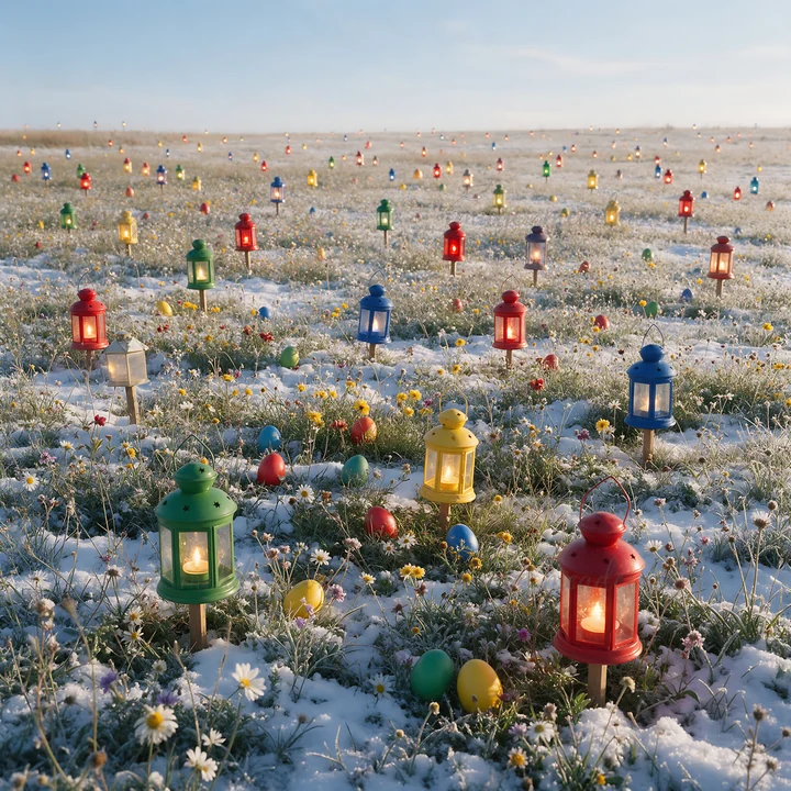 Colorful lanterns stand in a snowy meadow filled with small eggs. The scene depicts a bright winter day, capturing the festive spirit of the holiday season.