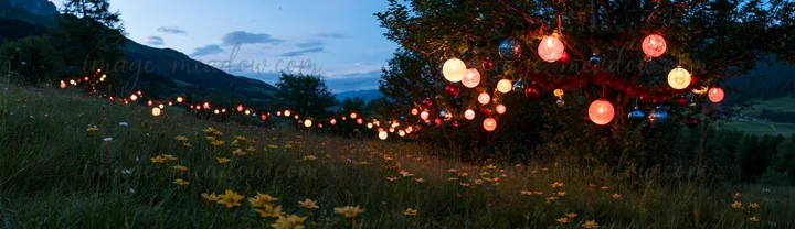 Lanterns hang from trees in a meadow during twilight. The sky is darkening, and wildflowers grow in the grass. The scene captures the festive spirit of Christma
