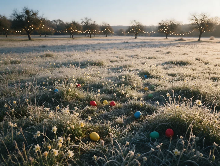 A winter meadow features colorful Christmas lights strung across trees. The ground is covered in frost, and scattered among the grass are bright colored ornamen