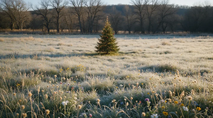 A Christmas tree stands alone in a frosty meadow filled with flowers. The scene captures the sunlight shining down on the landscape, highlighting the contrast b