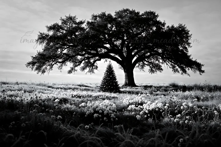 A Christmas tree stands in a winter meadow surrounded by flowers. A large tree casts a shadow over the scene. The sky is overcast, and the landscape is tranquil