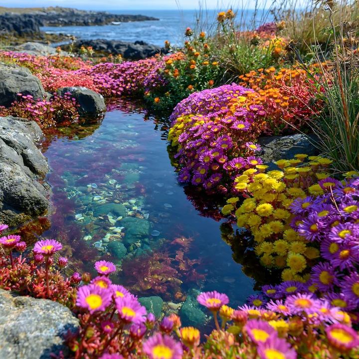 Vibrant flowers bloom along a rocky shoreline on a remote island, creating a colorful landscape.