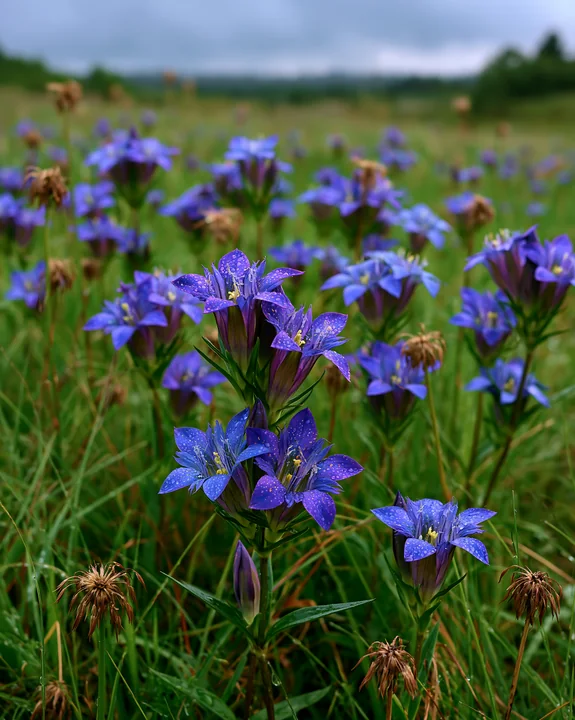 Violet wildflowers grow abundantly in a grassy field under a cloudy sky.