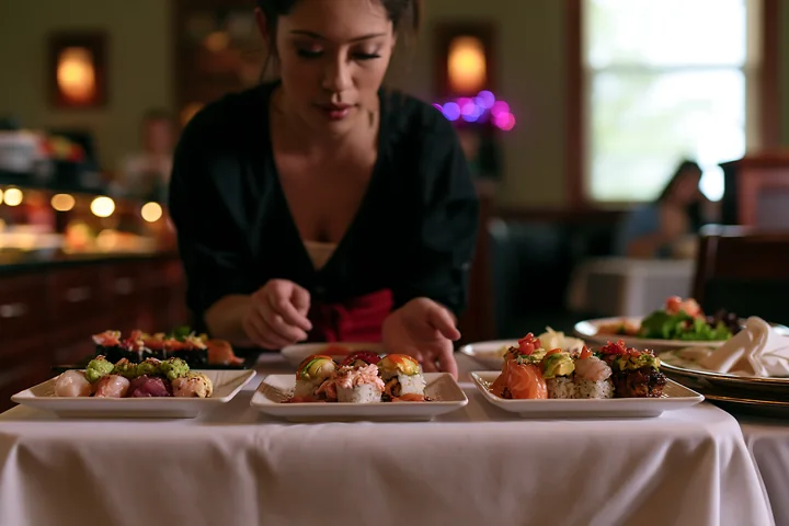 Waitress arranges sushi plates at a restaurant, showcasing various sushi types on white dishes.