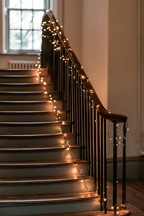 Warm string lights drape along a wooden banister and staircase in a softly lit interior.