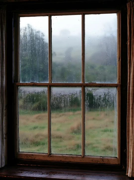 Water droplets cover the windowpane, showing the misty countryside around a cottage.