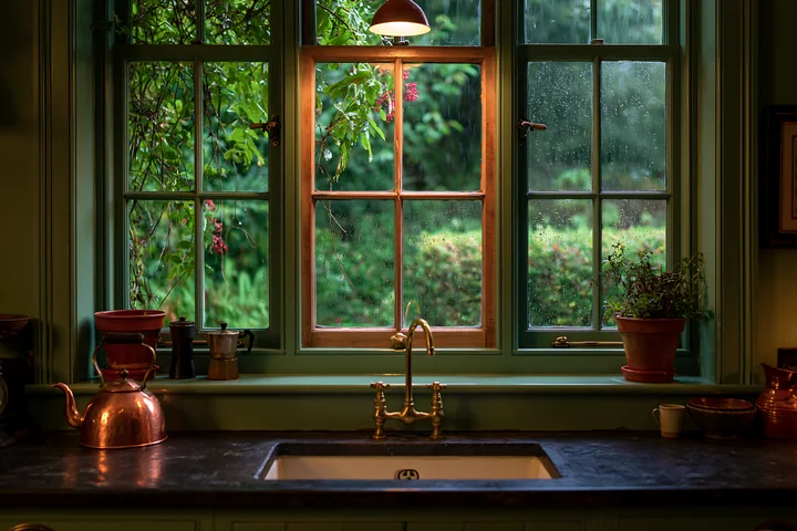 Water droplets cover the wooden window in a rural home’s kitchen, showcasing plants outside.