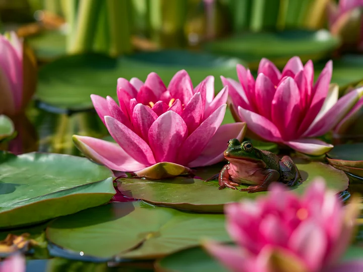 Water lilies in a small garden pond feature vibrant pink flowers and a green frog resting on a lily pad.