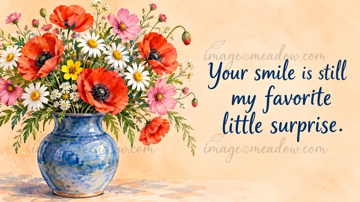 A watercolor bouquet of red poppies, daisies and pink flowers in a blue vase beside the message, “Your smile is still my favorite little surprise.”