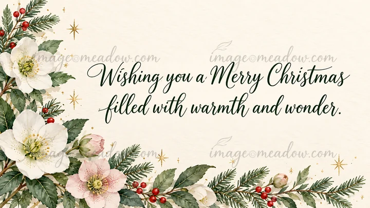 A cream textured Christmas card design with dark green script reading “Wishing you a Merry Christmas filled with warmth and wonder.” White and blush blooms, eve