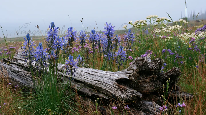 A weathered log rests on the ground in a meadow filled with various wildflowers. Blue and purple blooms stand out among green grass and other white flowers. The