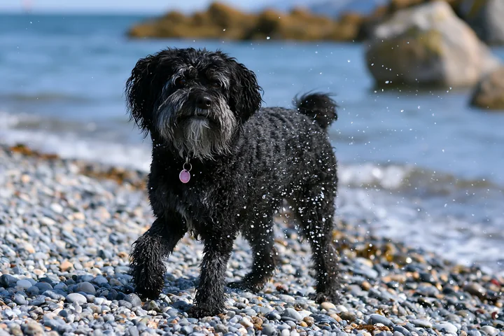 Wet curly-haired dog standing on a pebble beach beside blue seawater and rocky coastal formations.
