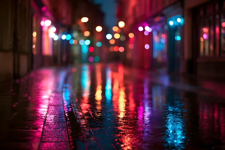 Wet streets show reflections of colorful lights from buildings and streetlamps.