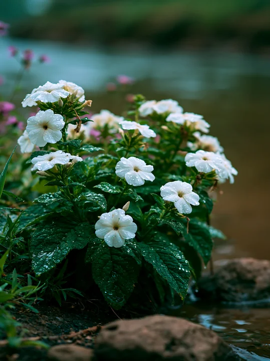 White flowers grow on an island with green leaves just after rain.