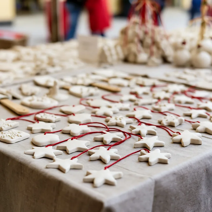 White handmade star ornaments with red cords displayed on a fabric-covered Christmas market stall table.