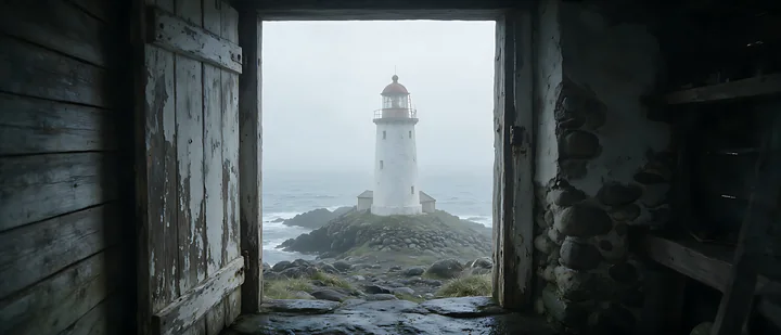 White lighthouse on a rocky coast seen through a weathered open doorway in heavy ocean fog.