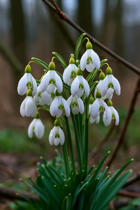 White snowdrop flowers bloom beneath tree branches in a softly blurred woodland setting.
