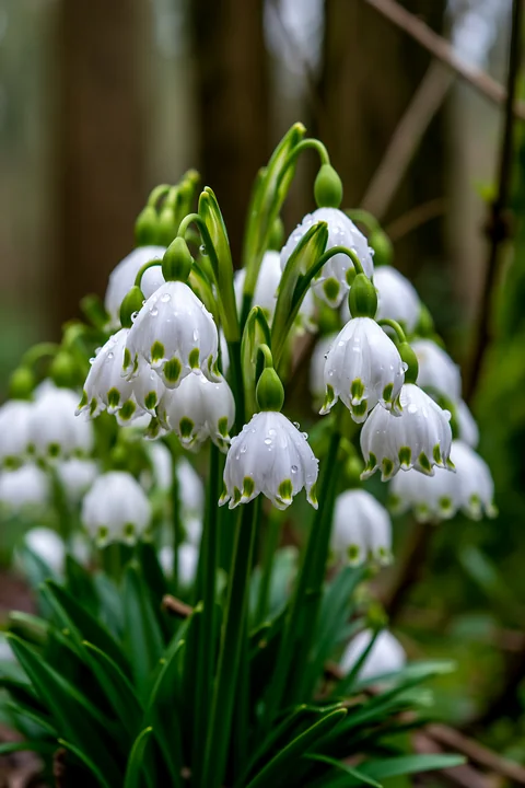 White snowdrop flowers with raindrops bloom among green leaves beneath trees in a softly blurred woodland setting.