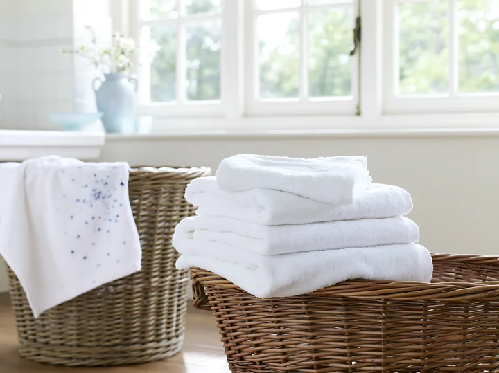 White towels are neatly stacked in a wicker basket beside a textile with accidental ink splashes.