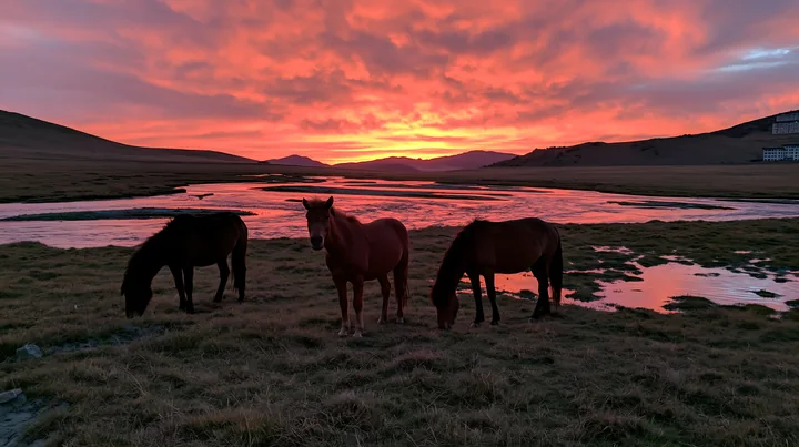 Wild horses are grazing in an open field as a vibrant sunset paints the sky with orange and pink colors.
