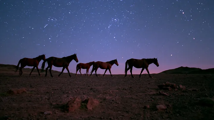 Wild horses beside volcanic rocks under stars roam freely in the night.