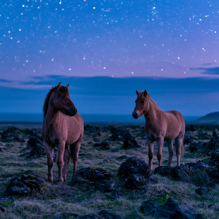 Wild horses beside volcanic rocks under stars stand in a natural setting.