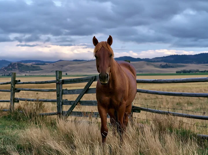 Wild horses graze in a grassy field under a cloudy sky while a wooden fence borders the scene.