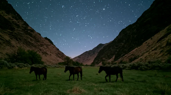 Wild horses graze in a green valley surrounded by mountains at night.
