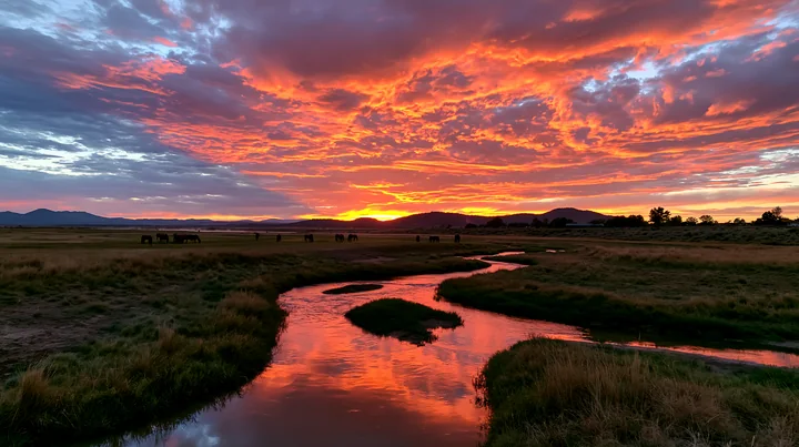 Wild horses graze in an open field as a dramatic sunset fills the sky with vibrant colors.