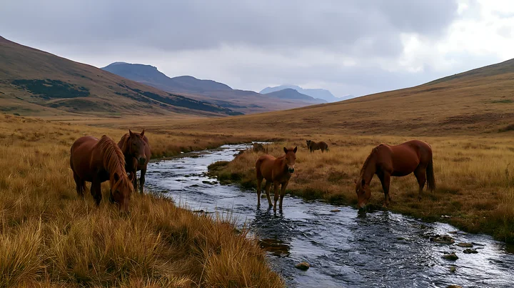 Wild horses grazing under a cloudy sky are seen near a stream in a grassy landscape.
