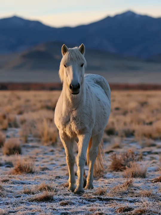 Wild horses in remote wilderness landscape walk through a frost-covered field at sunrise with mountains in the background.