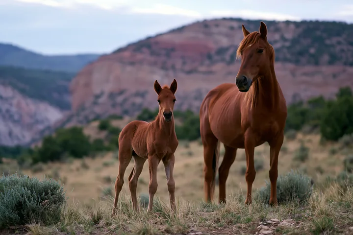 Wild horses near canyon cliffs stand in a grassy area.