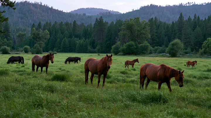 Wild horses roam freely in a lush green valley surrounded by trees and mountains.