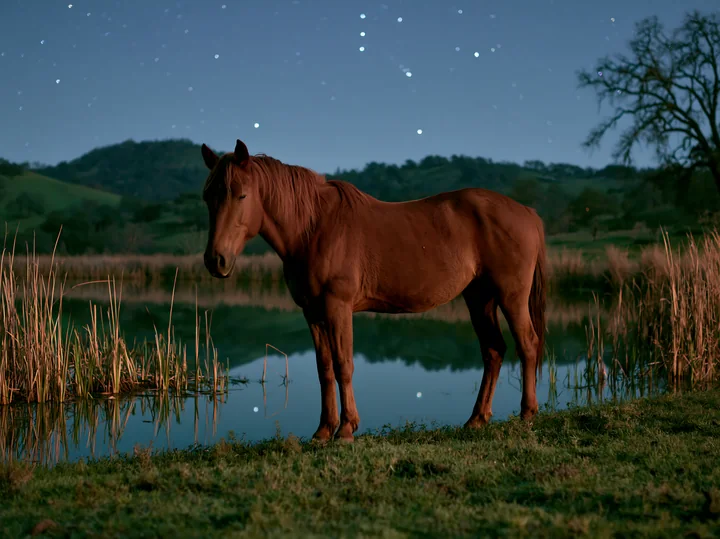 Wild horses under clear celestial skies stand near a calm water body, surrounded by tall grass and gentle hills.