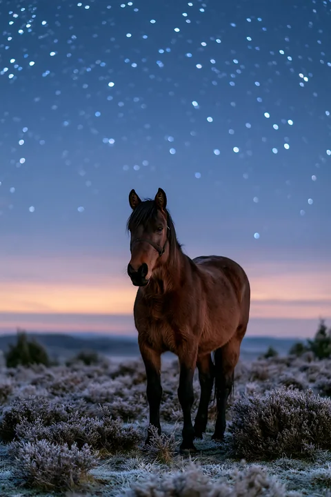 Wild horses under stars in a remote nature reserve roam freely at night.
