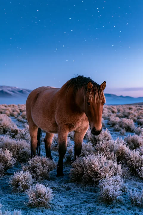 Wild horses under stars in a remote nature reserve stand on frost-covered ground at twilight.