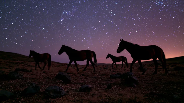 Wild horses walk beside volcanic rocks under the stars in a clear night sky.