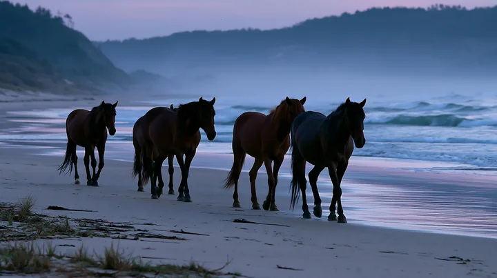 Wild horses walking along the shore at sunset where the waves meet the sand.
