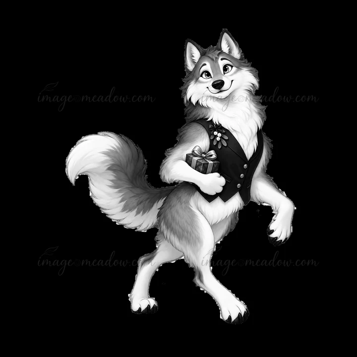 A cartoon wolf is standing upright, smiling while holding a gift in its paw. The wolf is dressed in a vest, ready for a Christmas celebration. This design focus