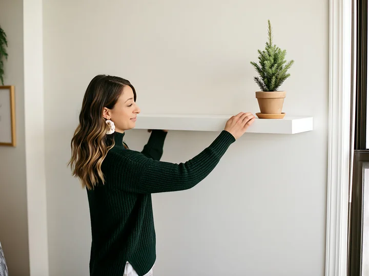 Woman arranging a potted evergreen on a wall shelf in a bright small apartment.