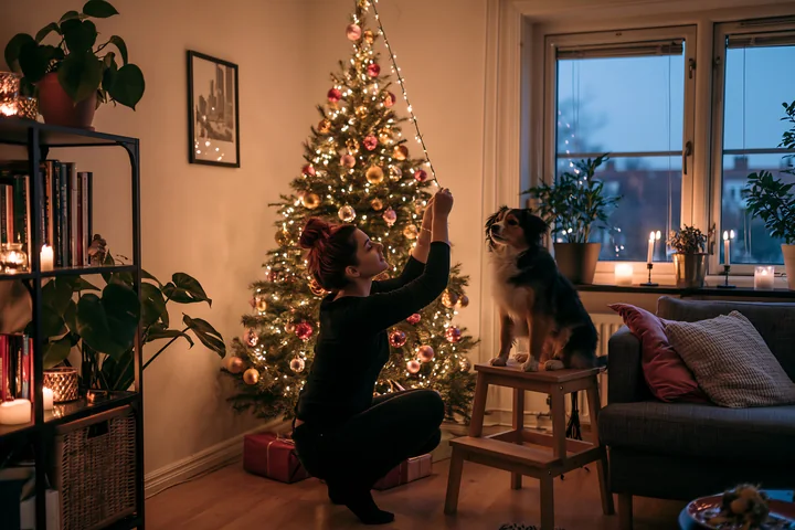 Woman hangs an ornament on a lit Christmas tree as a dog watches in a cozy apartment.