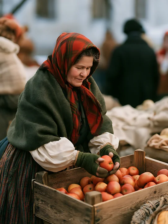 Woman in a headscarf arranges red apples in wooden crates at an outdoor market.