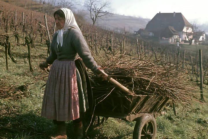 Woman in folk costume prunes grapevines beside a rustic house in a sunlit vineyard.