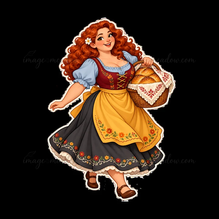A woman walks happily, wearing a colorful folk dress. She holds a basket with bread rolls, showcasing traditional clothing details. Her long curly hair and brig